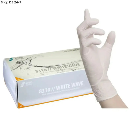 Eine weiße nitras white wave nitril-einmalhandschuh mit mikrogeraute fingerspitzen und hoher tragekomfort vor verpackung