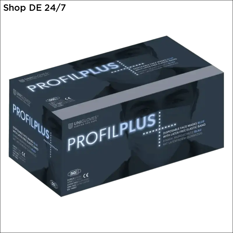 Dunkelblaue unicloves profiplus 3-lagige medizinische gesichtsmasken box mit weißem branding op-masken kaufen blau