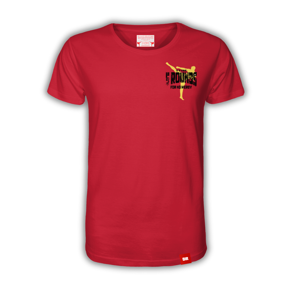 Rote bio-5 rounds bio-baumwollshirt mit gelb-schwarzem tekin pasha ergun martial artist grafik in rotem organic shirt
