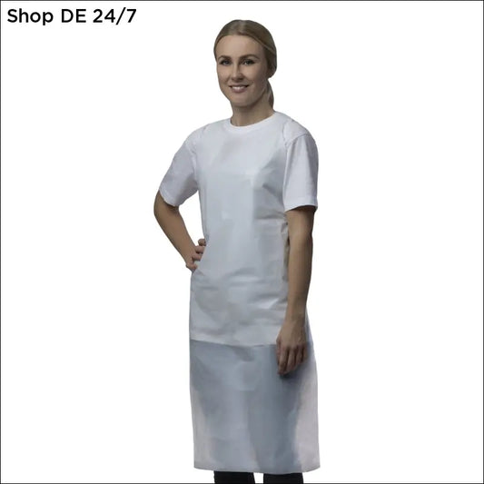 Weißes pe-schürzen kurzarm mit rundhalsausschnitt aus leichtem stoff bietet zuverlässiger schutz und praktisches design