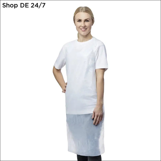 Weißer schutz pe-schürzen weiß 20 μ mit kurzem arm und leicht transparentem unteren bereich für hygieneanwendungen