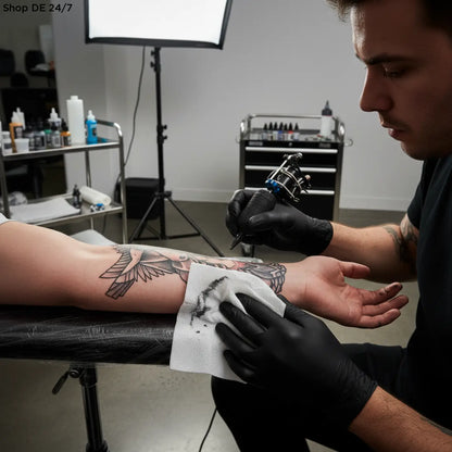 Detailliertes schwarz grau vogel tattoo auf unterarm neben pflegetücher 1000 stück für zuverlässiger schutz und deutsche qualität
