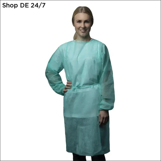 Nitras pp-besuchermantel in helles türkis, langärmlig aus transparentem, hygienischem Einwegmaterial für medizinische Einrichtungen