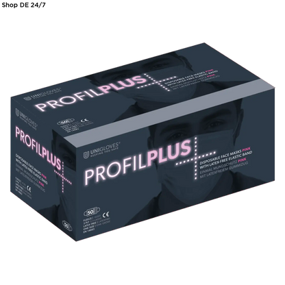 Dunkelblaue box unigloves profil plus pink mit hochwertigen mundschutzmasken und pinkem latexfreiem elastikband