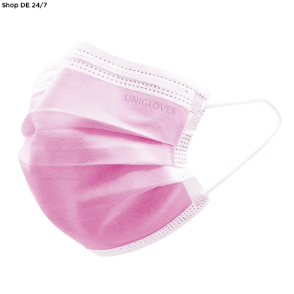 Profil plus pink hochwertiger schutz mit weißen elastischen ohrenbändern und unigloves logo für sicheren mundschutz