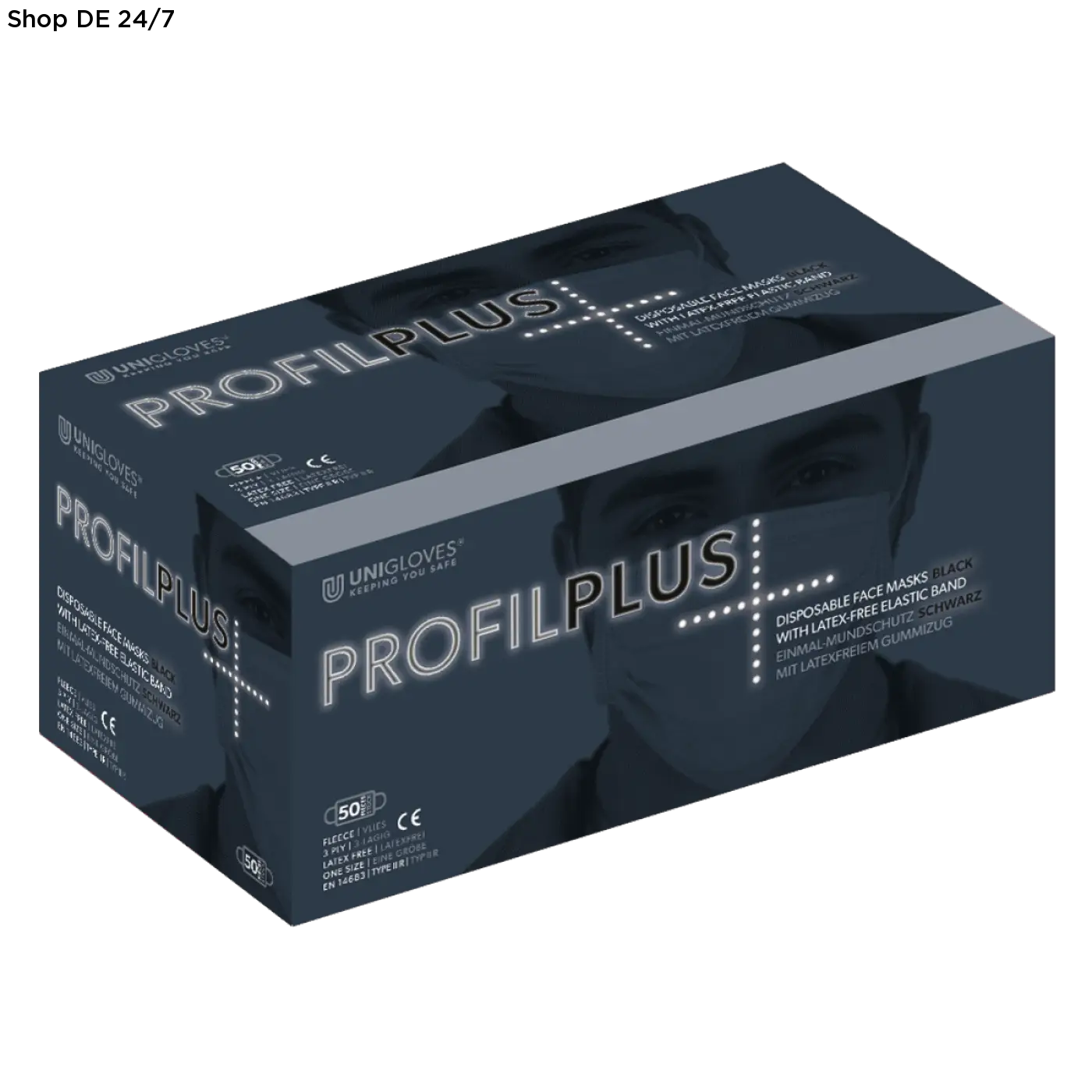 Dunkelblaue unigloves profil plus kartonverpackung medizinische schutzmasken mit weißem und silbernem text