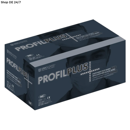 Dunkelblaue unigloves profil plus kartonverpackung medizinische schutzmasken mit weißem und silbernem text