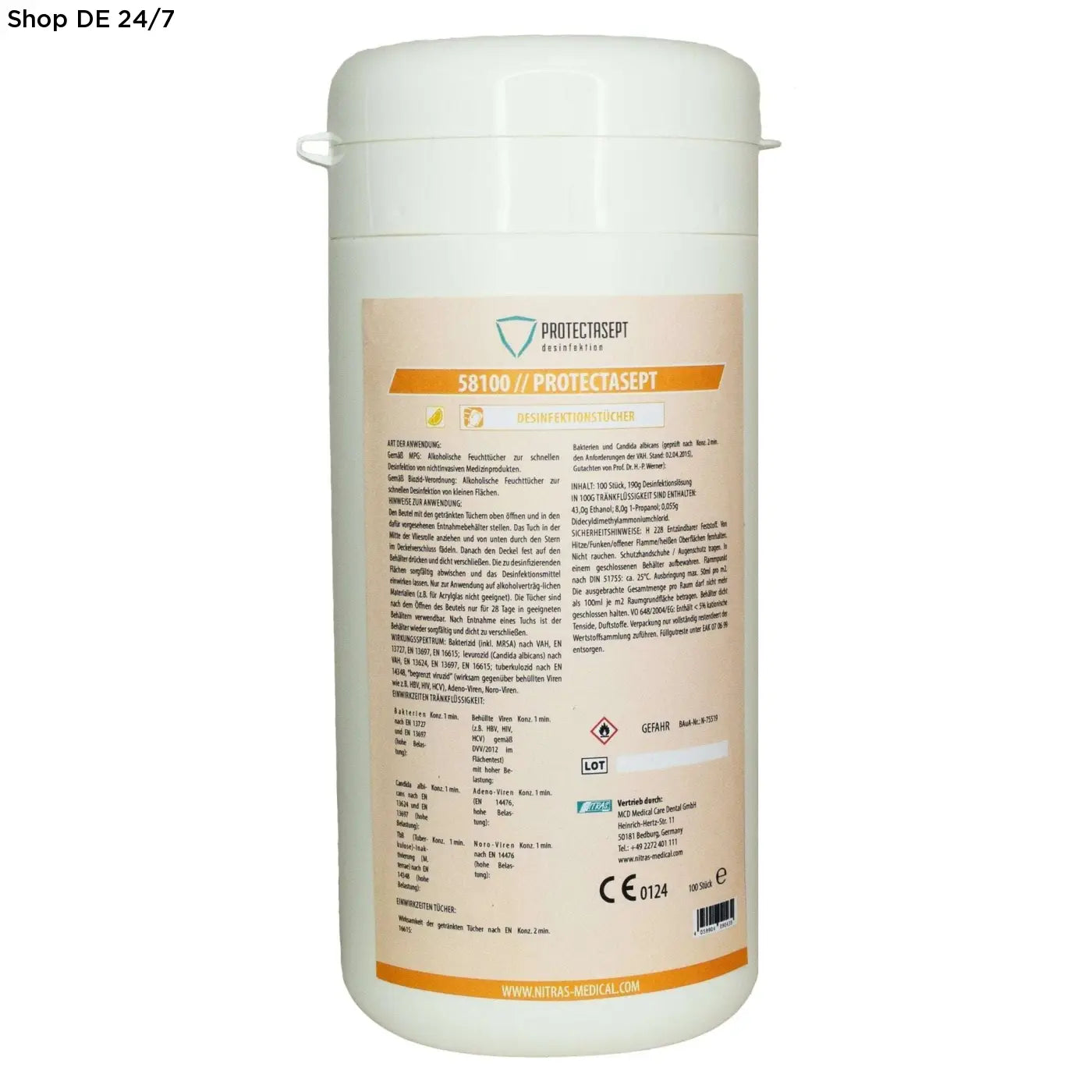 Weiße zylindrische dose mit orange-beiger beschriftung nitras protectasept 58100 für professionelle umgebungen