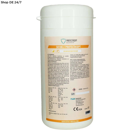 Weiße zylindrische dose mit orange-beiger beschriftung nitras protectasept 58100 für professionelle umgebungen