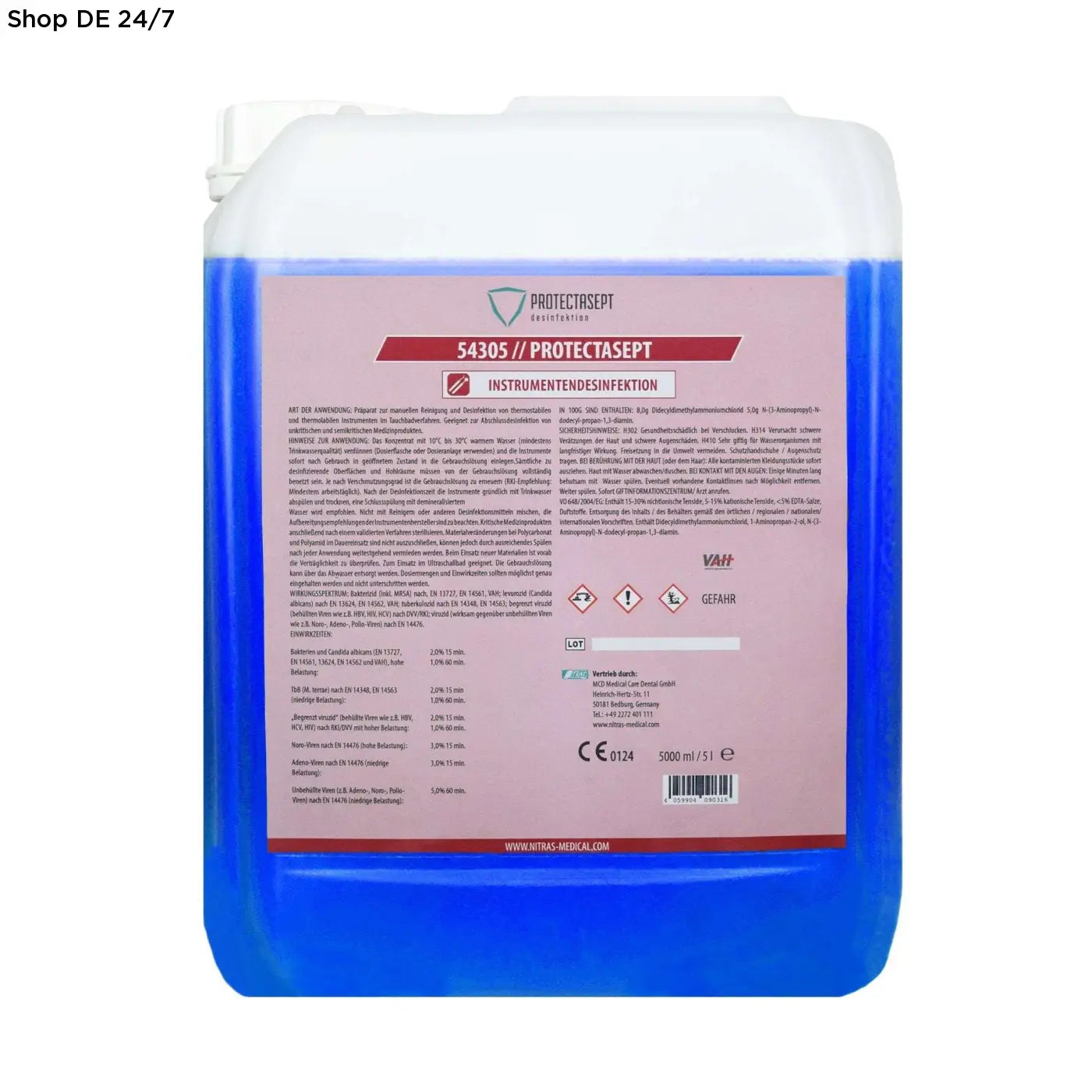 Blauer kunststoffbehälter mit weißem deckel und rosa etikett für nitras protectasept instrumentendesinfektion 5 liter ultraschallbäder geeignet