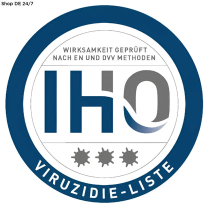 Blau-graues iho logo mit virus-symbolen auf nitras protectasept flächendesinfektion sprüh- und wischdesinfektion produkt