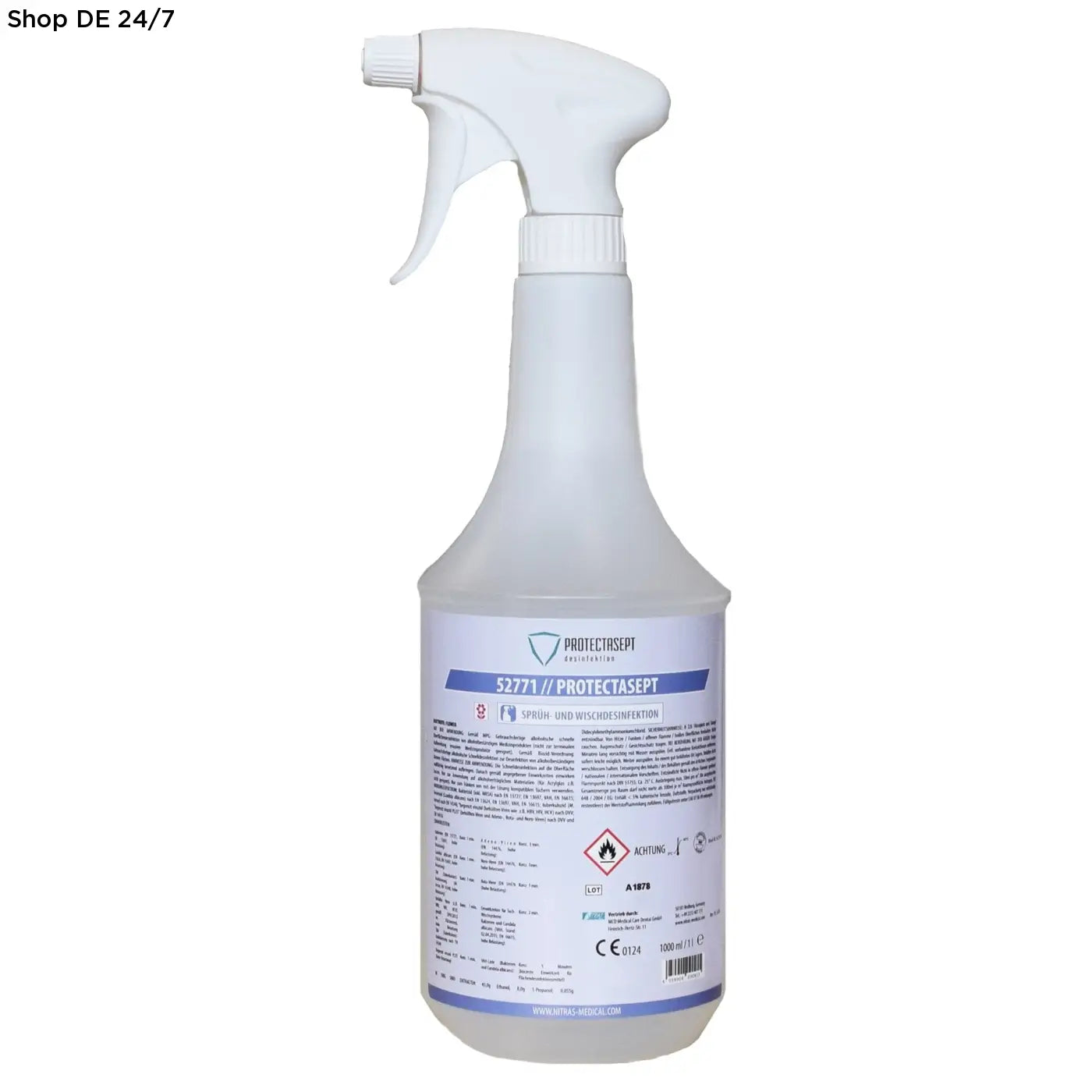 Weißes plastik-sprühflasche mit weißem trigger und blauem etikett nitras protectasept flächendesinfektion sprüh- zur oberflächendesinfektion
