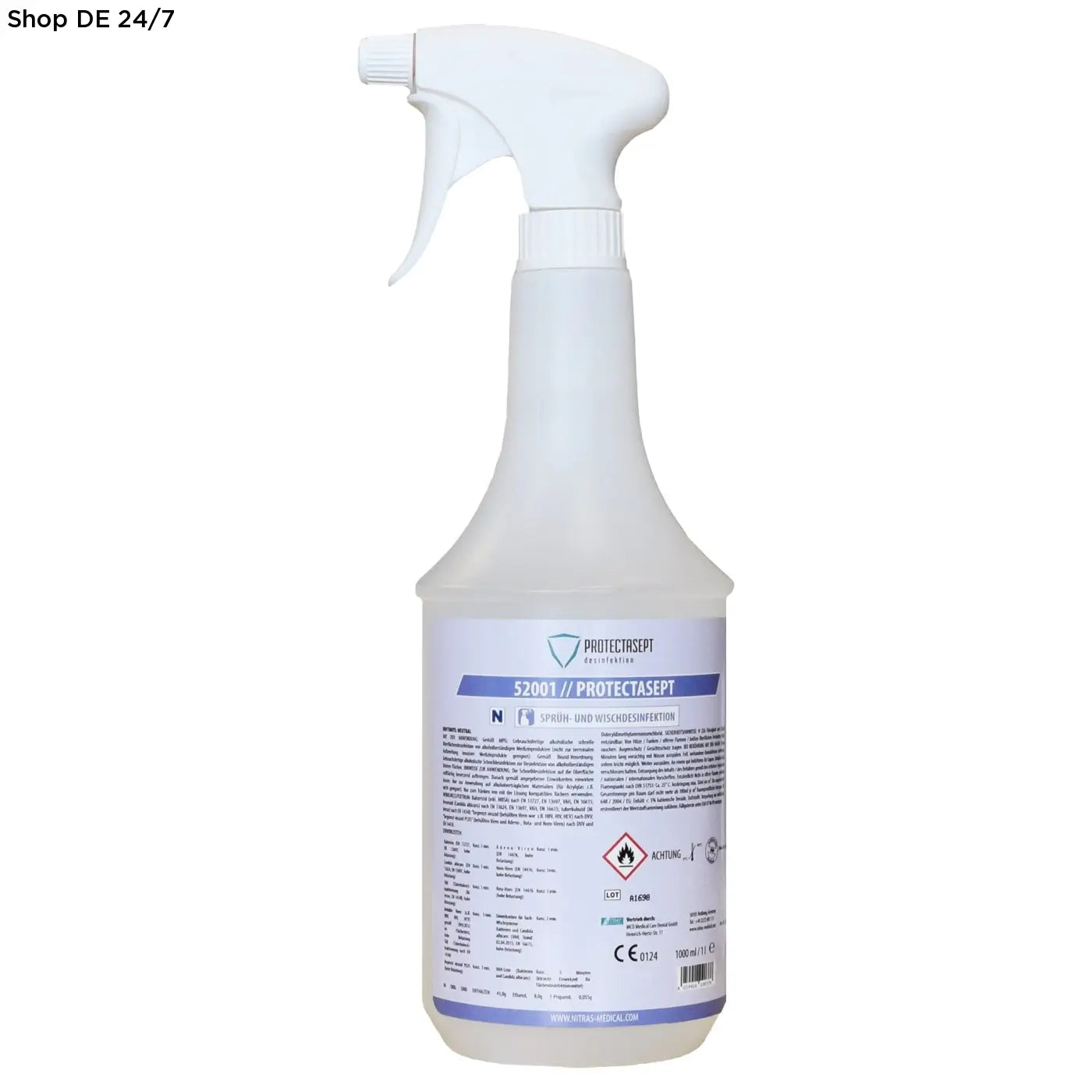 Weiße kunststoffsprühflasche mit weißem trigger und blauem etikett für nitras protectasept flächendesinfektion sprüh-