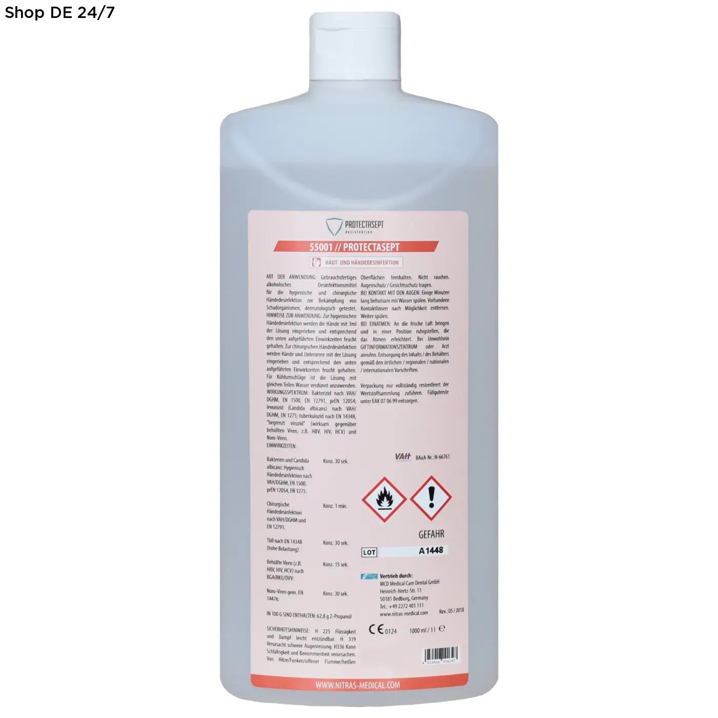 Transluzente weiße plastikflasche nitras protectasept skin haut- und händedesinfektion umfassender schutz praktische verpackung