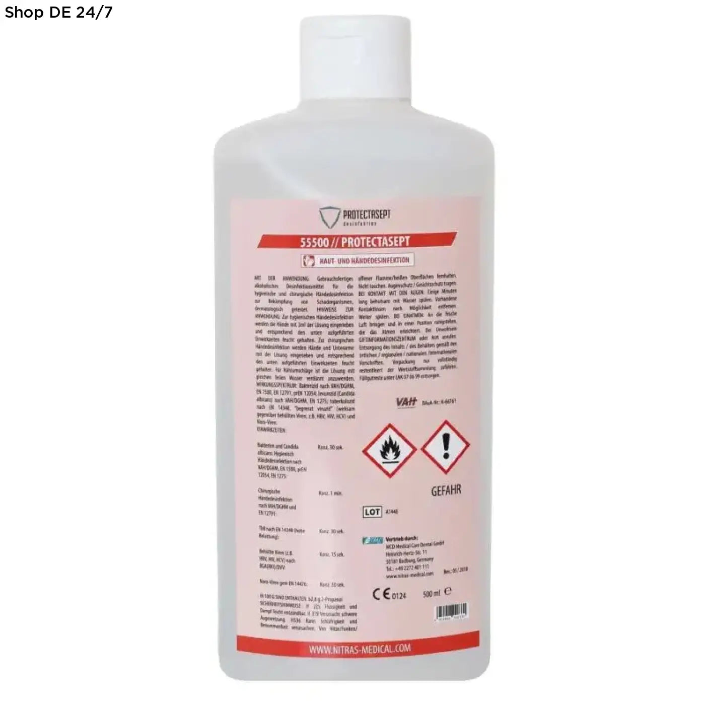 Eine klare kunststoffflasche mit weißem verschluss und rosa rotem label für zuverlässige hautdesinfektion mit umfassendem wirkungsspektrum