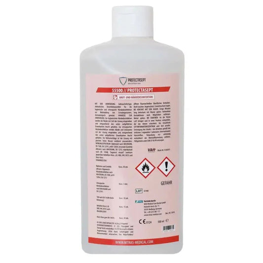 Eine klare kunststoffflasche mit weißem verschluss und rosa rotem label für zuverlässige hautdesinfektion mit umfassendem wirkungsspektrum