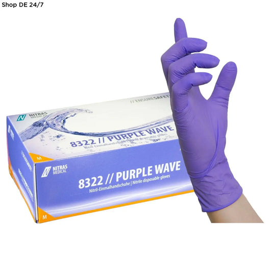 Eine einzelne nitras purple wave nitril-einmalhandschuh aus glattem, flexiblem material für zuverlässigen schutz