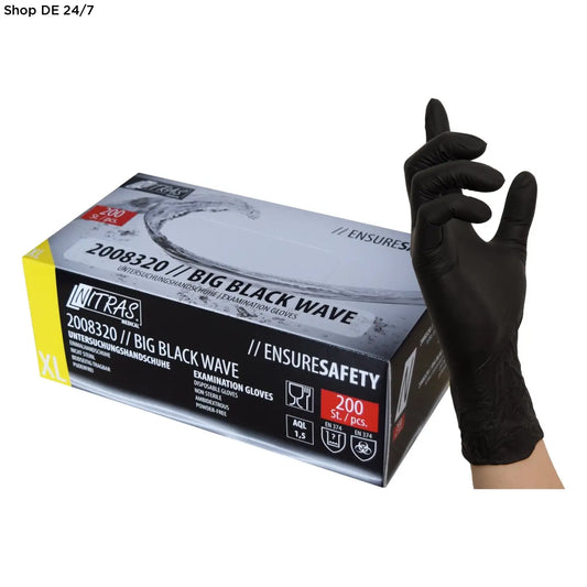Schwarze nitril-einmalhandschuhe big black wave von nitras medical mit mikrogeraute fingerspitzen und optimalem grip beidseitig tragbar
