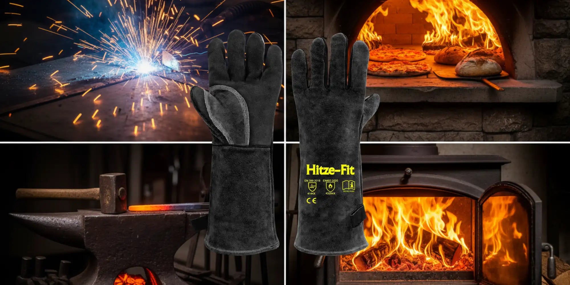 Schwarzer Hitze-Schutz-Leder-Schweißhandschuh mit verstärkten Handflächen- und Fingerbereichen