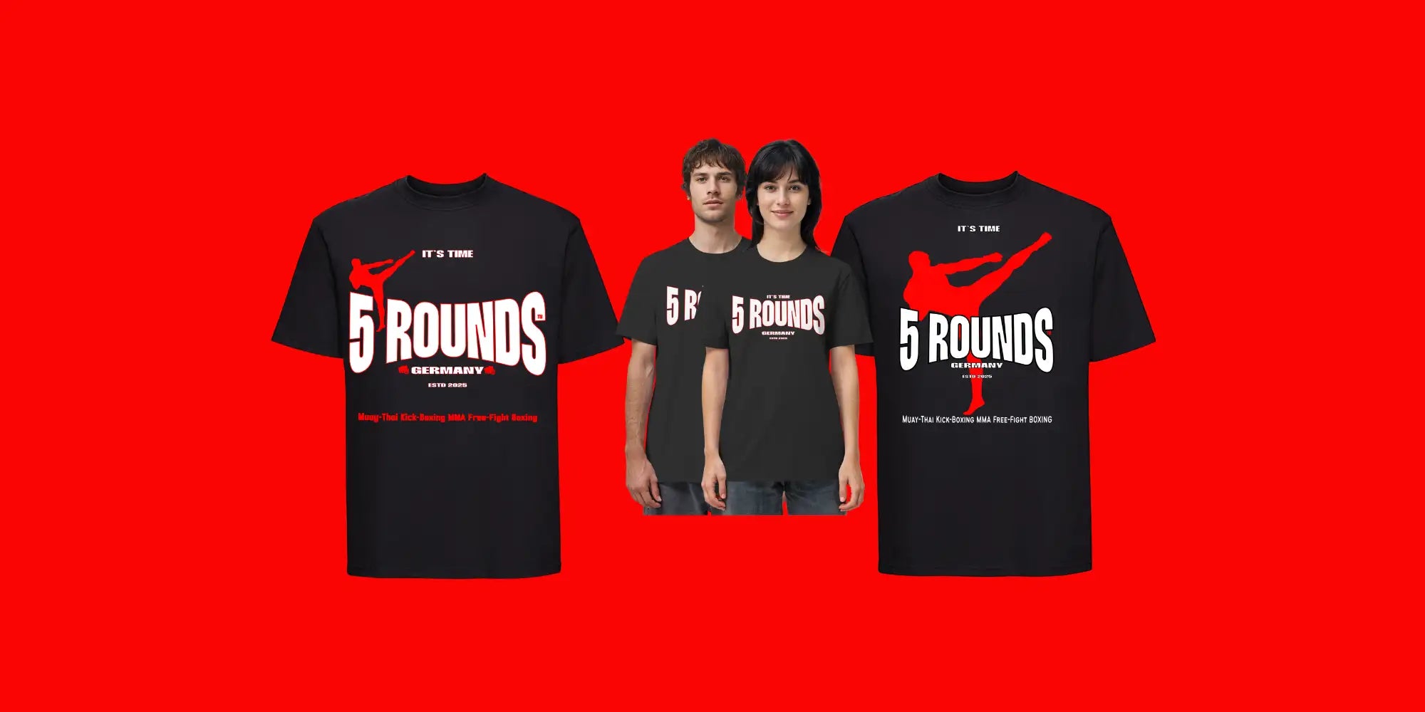 Schwarzes Baumwoll-T-Shirt mit fetter weißer Aufschrift „5 Runden“ und einer roten Silhouette eines Kampfkünstlers im Tritt, mit dem Wort „Deutschland“ darunter.