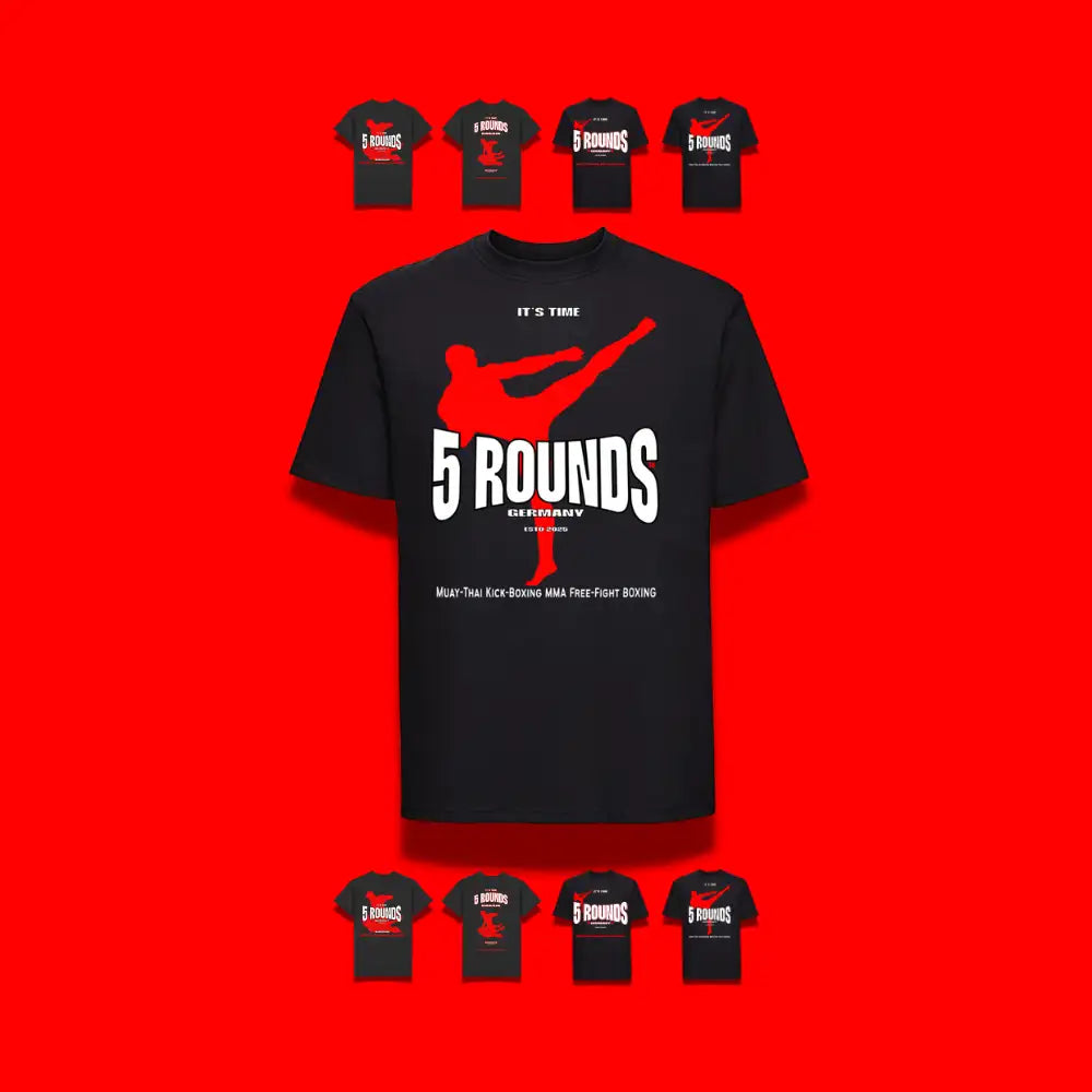 Schwarzes kurzärmeliges T-Shirt mit einer fetten roten Silhouette eines Kickbox-Kämpfers über dem weißen Text „5 Runden“ und kleineren Details darunter.