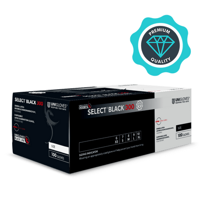 Schwarze Latex Einmalhandschuhe Select Black 300 in Verpackung