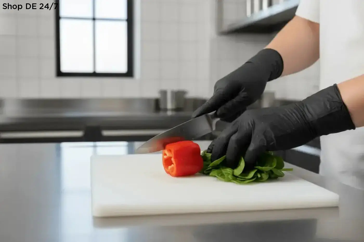 A select black 300 latex einmalhandschuh in schwarz beim schneiden einer roten paprika auf einem weißen schneidebrett kaufen