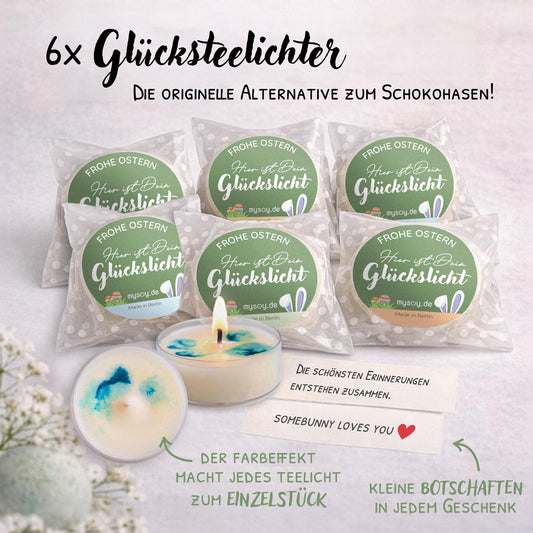 Kleine Ostergeschenke Set – Glückslicht Teelichter mit Botschaft | Made in Berlin aus Recycling-Material
