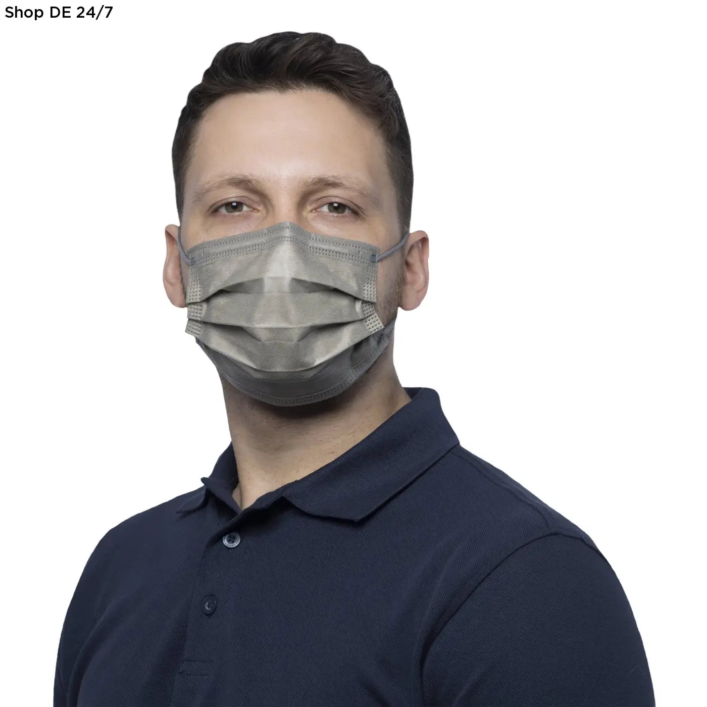 Graue medizinische gesichtsmaske soft protect plus 4 lagig taupe mit effektiver filtration und elastischen ohrschlaufen