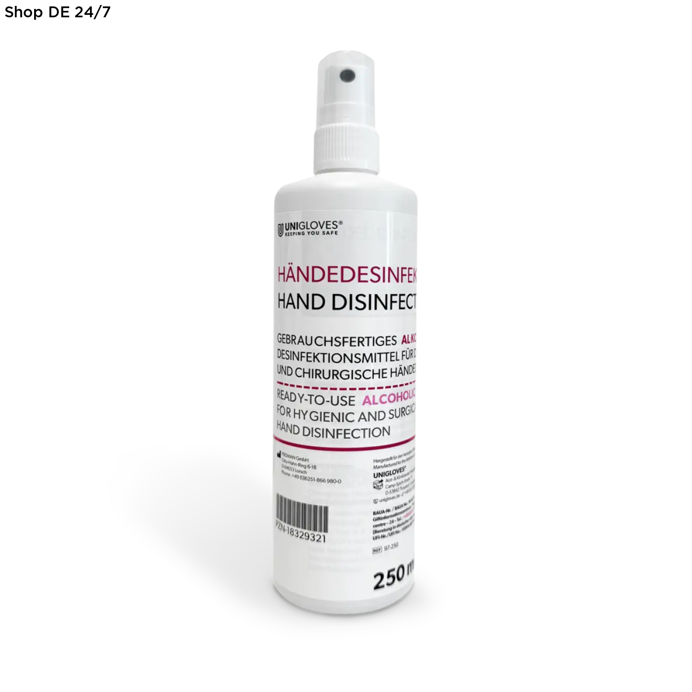 Weiße kunststoffflasche unigloves händedesinfektion 250 ml mit pumpe und mehrsprachiger beschriftung für zuverlässigen schutz