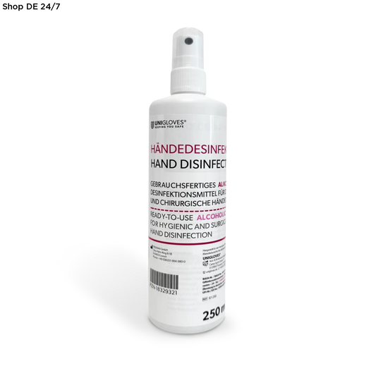 Weiße kunststoffflasche unigloves händedesinfektion 250 ml mit pumpe und mehrsprachiger beschriftung für zuverlässigen schutz