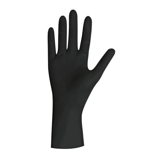 Schwarzer Latex Einweghandschuh Black Latex mit hoher Flexibilität und Schutz, ideal für Tattoo-Studios und empfindliche Haut.