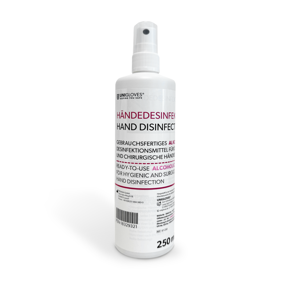 Weiße kunststoffflasche unigloves händedesinfektion 250 ml mit pumpe und mehrsprachiger beschriftung für zuverlässigen schutz
