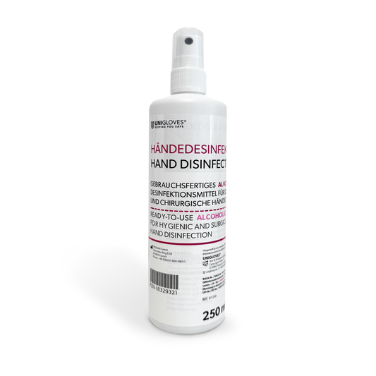 Weiße kunststoffflasche unigloves händedesinfektion 250 ml mit pumpe und mehrsprachiger beschriftung für zuverlässigen schutz