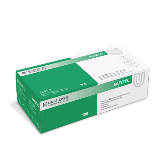 Grüne Box mit 100 Latex Einmalhandschuhen SAFETEC von Unigloves. Ideal für Hygiene in Medizin und Gastronomie, jetzt 1000 Stück kaufen.