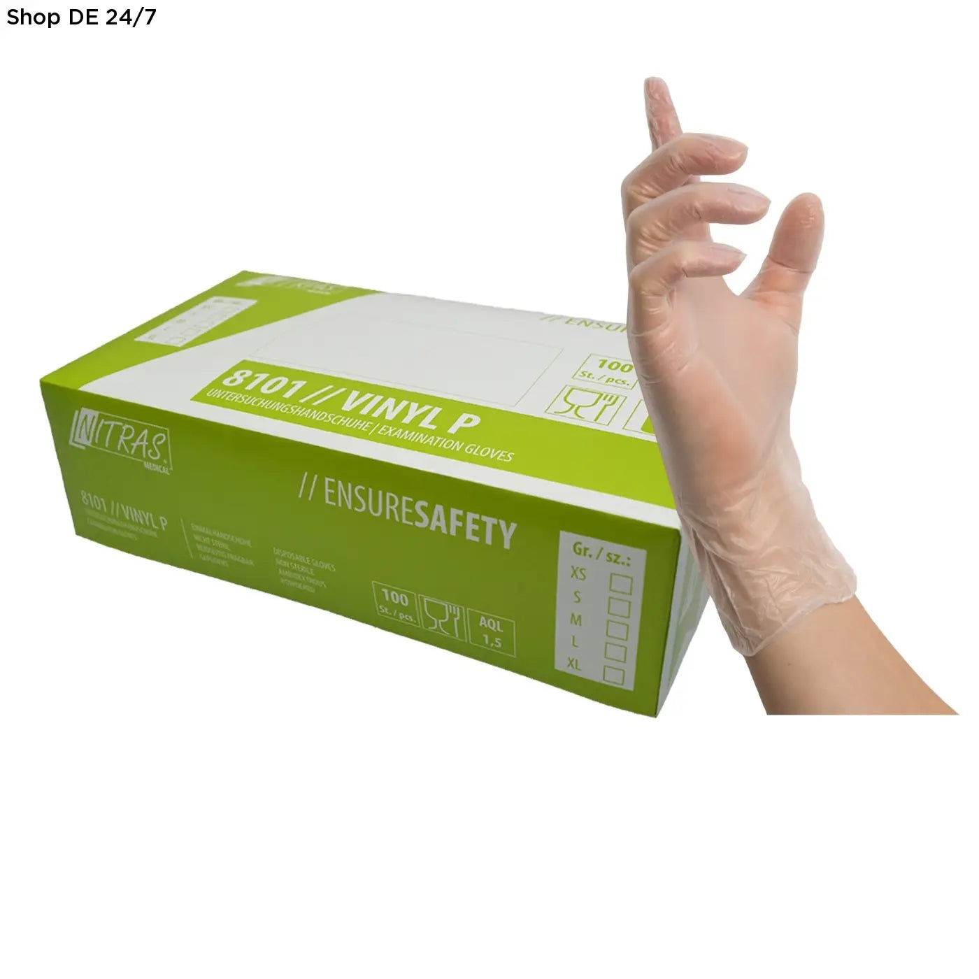 Klar transparente nitras vinyl p vinyl einmalhandschuhe in grün weißer box für vielseitige medizinische anwendungen