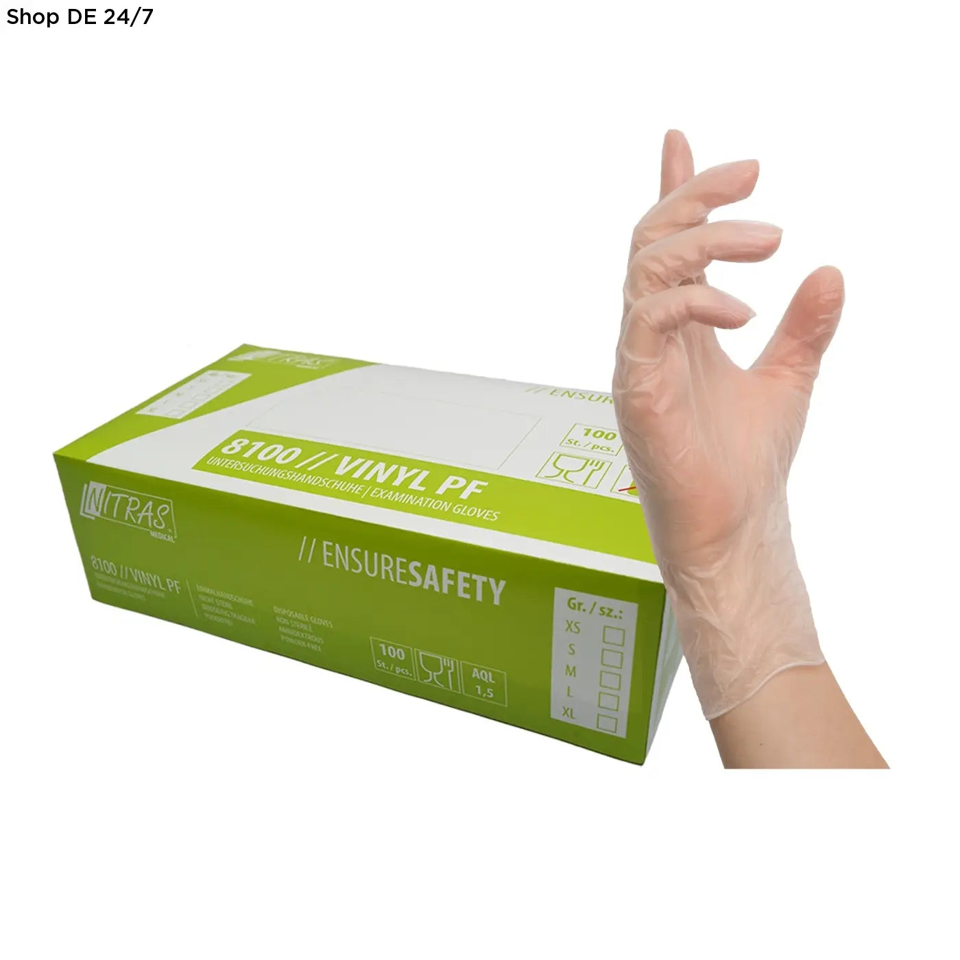 Ein transparenter nitras vinyl pf puderfreier handschuh auf einer hand mit der packaging box 8100 vinyl pf im hintergrund