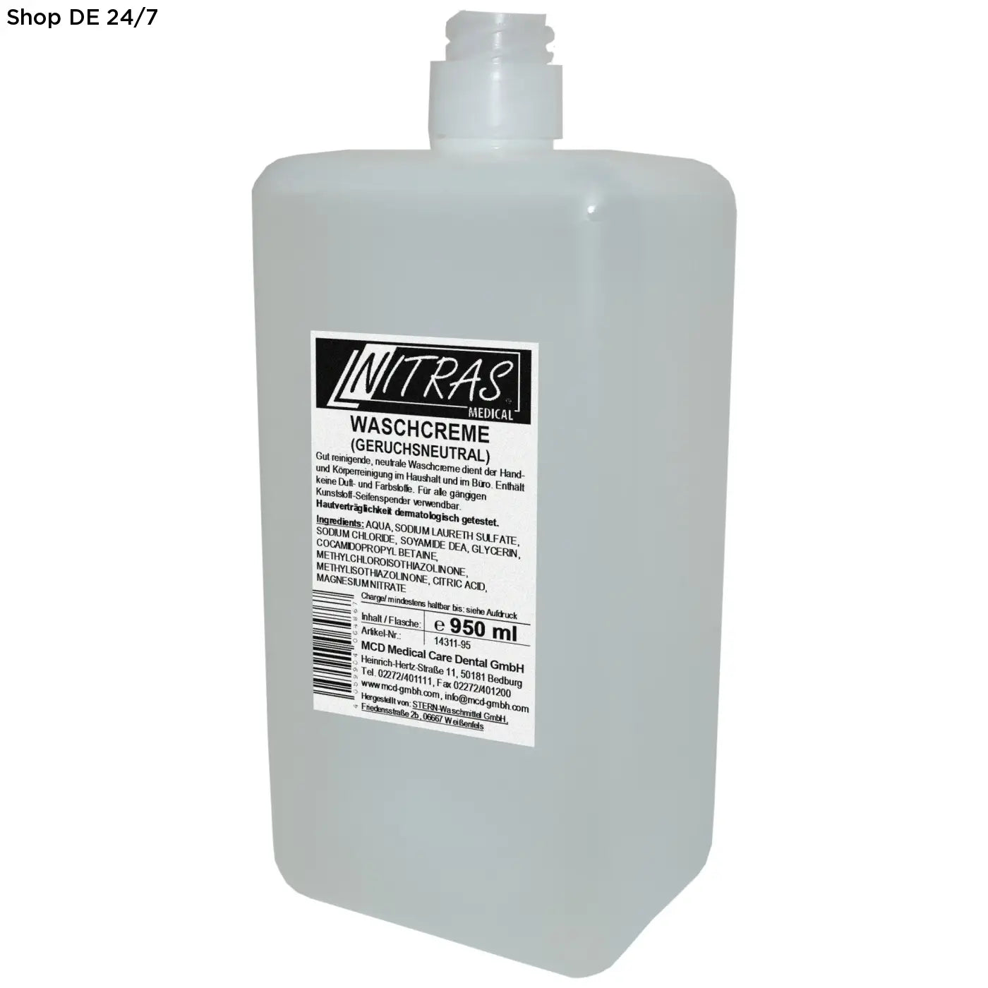 Transparentes kunststoffflasche mit weißem pumpenspender von nitras silk touch waschcreme für empfindliche haut
