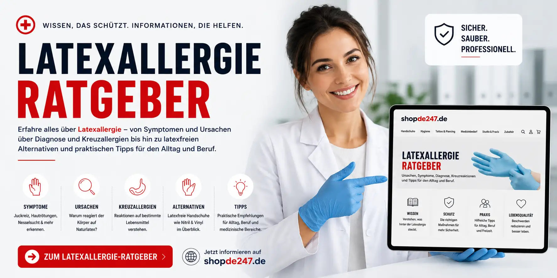 Eine Frau in einem weißen Laborkittel und blauen Latexhandschuhen hält ein Tablet hoch, das den Leitfaden „latexallergie ratgeber“ von shopde247.de anzeigt.