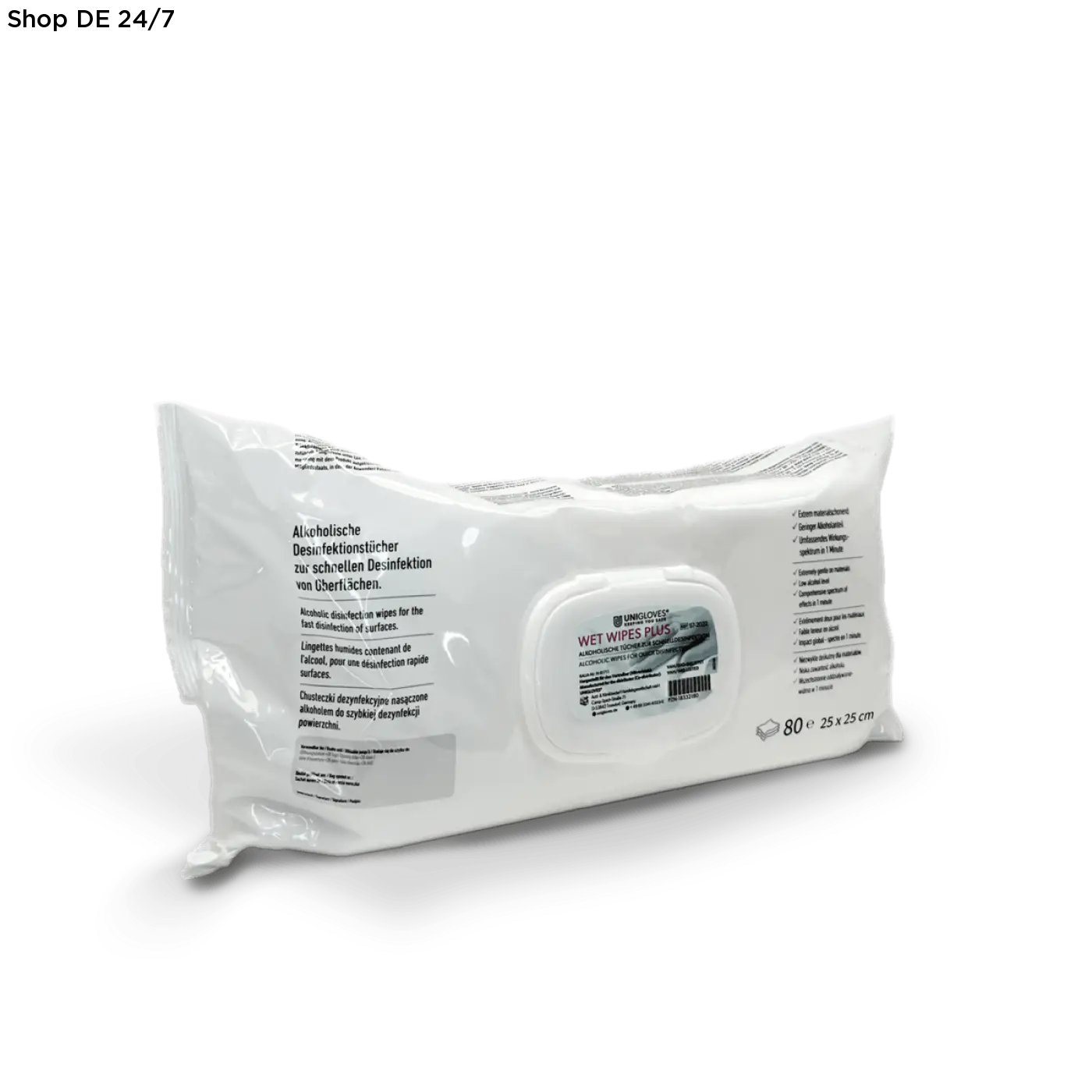 Weiße plastikverpackung der unigloves wet wipes effektive schnell-desinfektion 8 x 80 blatt für alkoholbeständigen flächen