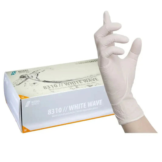 Eine weiße nitras white wave nitril-einmalhandschuh mit mikrogeraute fingerspitzen und hoher tragekomfort vor verpackung