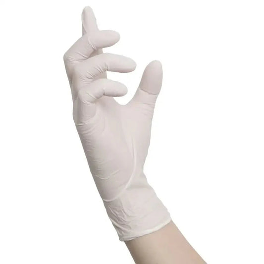 Weißer nitril-einmalhandschuh nitras white wave mit mikrogeraute fingerspitzen und hoher tragekomfort zeigt natürliche fingerbewegung