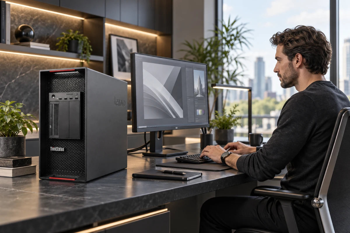 Mann arbeitet am Computer; ein Lenovo ThinkStation Tower steht auf dem modernen Schreibtisch