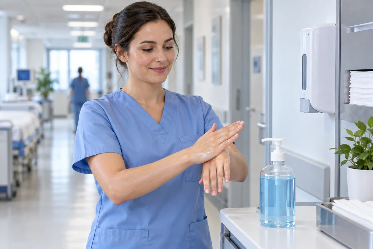 Medizinische Fachkraft desinfiziert ihre Hände neben einer Desinfektionsflasche mit Pumpspender