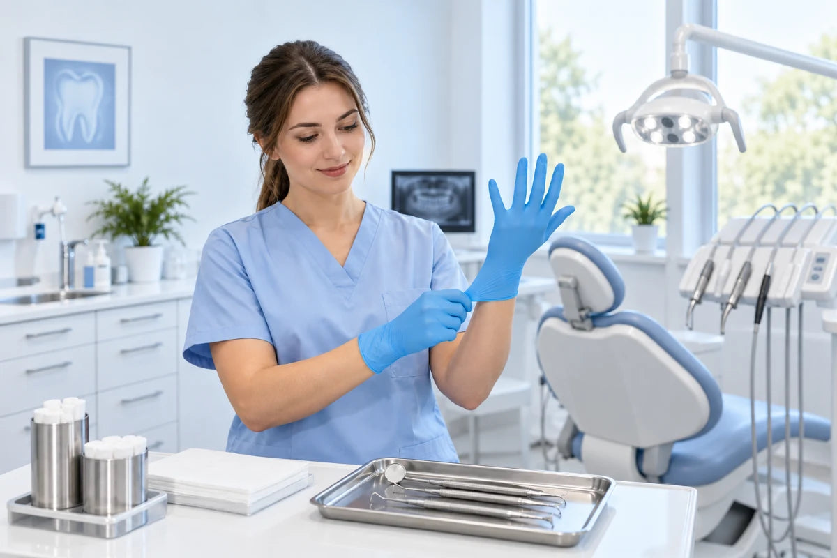 Zahnmedizinische Fachkraft zieht blaue Nitril-Einmalhandschuhe an