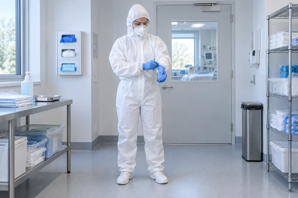 Fachkraft prüft den Handschuhabschluss am weißen Schutzanzug im Klinik-Vorbereitungsraum