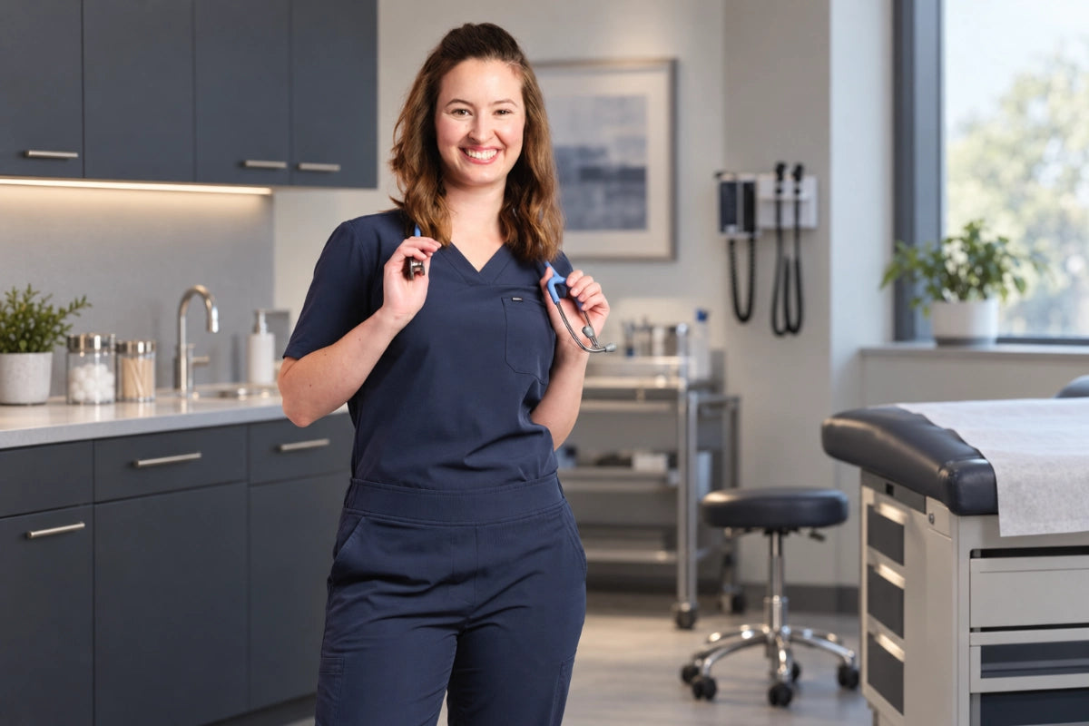 Frau in dunkelblauen Scrubs hält ein Stethoskop in einer modernen Praxis