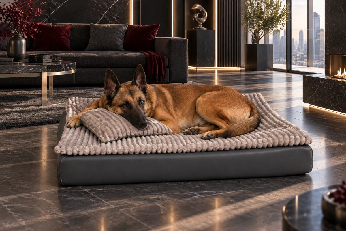 Schäferhund ruht auf einem grauen Hundebett mit Corddecke und Kissen in einem modernen Wohnraum