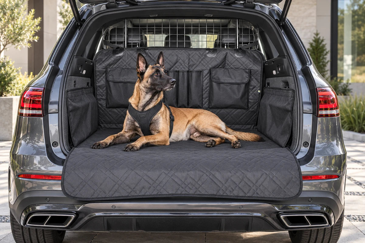 Hund liegt auf einem gesteppten Kofferraumschutz mit Seitenschutz und Taschen im geöffneten SUV